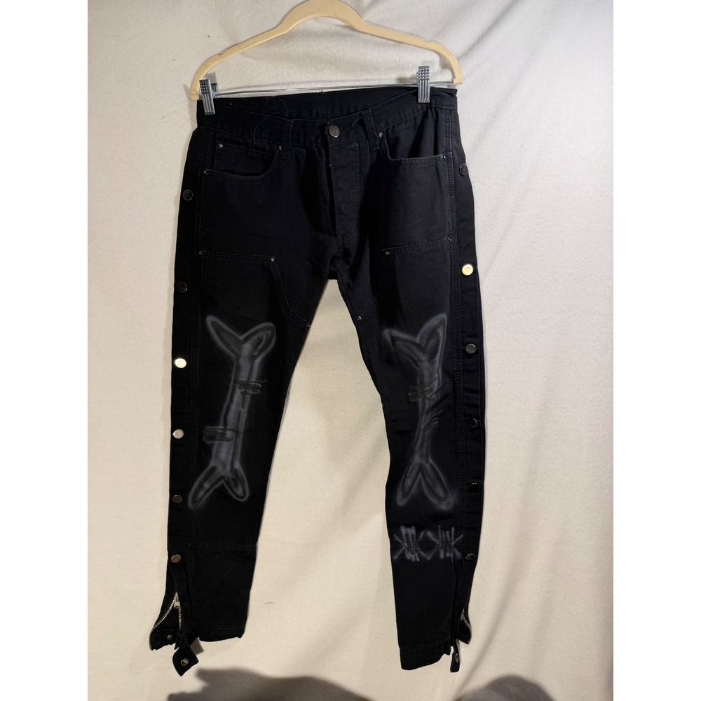 MNML Mens Black Canvas Snap Cargo Pants Bone Graphic Streetwear Size 29